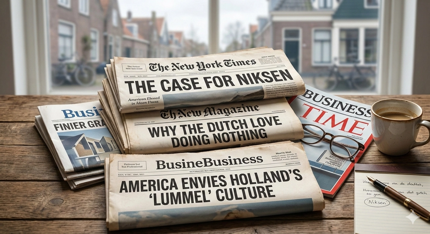 Een collage van krantenknipsels uit The New York Times of TIME met de kop "The Case for Niksen" of "Why the Dutch Love Doing Nothing".