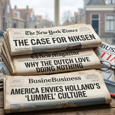 Een collage van krantenknipsels uit The New York Times of TIME met de kop "The Case for Niksen" of "Why the Dutch Love Doing Nothing".